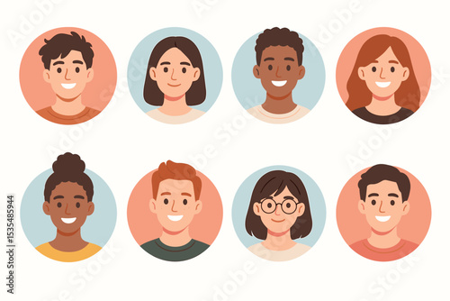Set of diverse people profile avatars. Collection of multicultural male and female faces icons. Young adult team portraits for social media. Flat vector character illustration.
