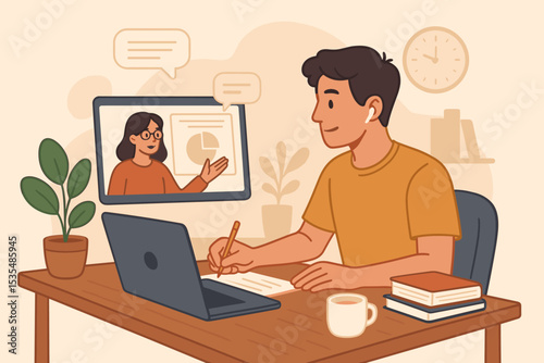 Virtual learning environment concept. Man student studying online, watching video lesson on laptop with teacher on screen. E-learning, distance education, webinar, home office.