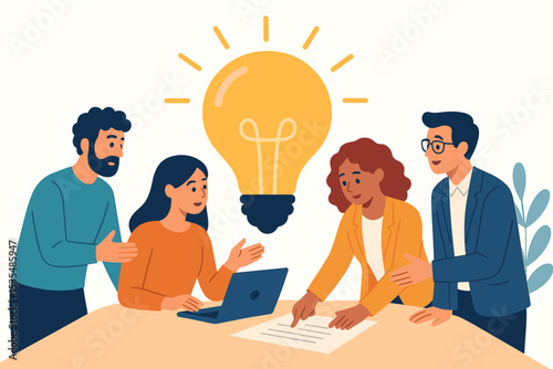 Creative team brainstorming session with a big lightbulb idea. Business colleagues collaborate on a project. Discussion and teamwork for innovation and success. Office meeting.