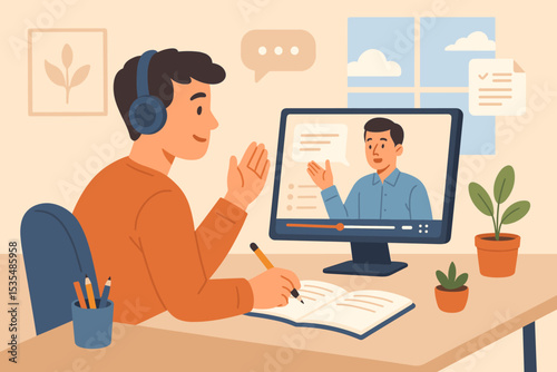 E-learning and online education concept. Young man with headphones studies remotely using computer for video conference with tutor. Student taking notes during virtual lesson.