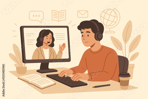 Student in virtual learning environment on video call with teacher. Man at computer taking online course. Concept of e-learning, distance education, webinar, and remote study.