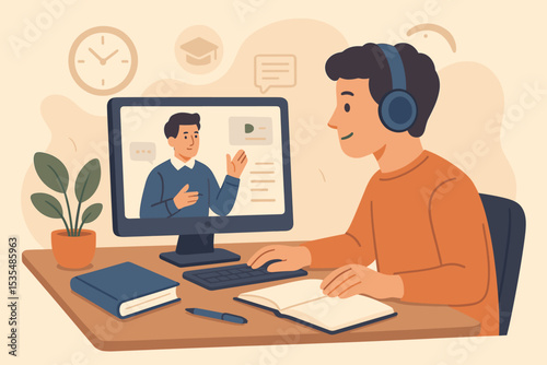 Virtual learning environment concept. Student watching an online webinar with a teacher on a computer screen. E-learning and distance education from home. A man studying a course.