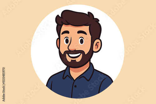 Happy cartoon man with beard portrait. Vector illustration of a friendly male character avatar. Headshot icon for user profile, business mascot, company branding or website.