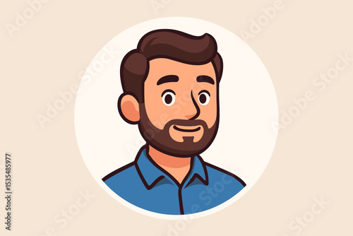Cartoon man with beard portrait illustration. Young male character avatar for social media profile picture. Friendly smiling person headshot icon. Modern business employee vector.