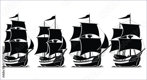 Black And White Vector Illustration Of Four Ancient Sailing Ships