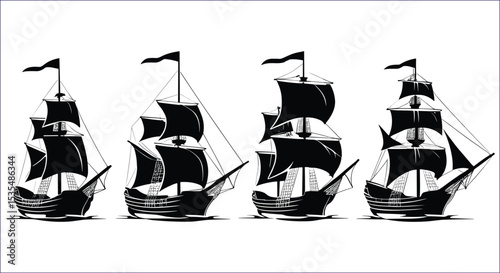 Black Pirate Ships Vector Silhouettes On A White Background Design