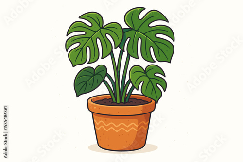 Trendy Monstera deliciosa houseplant in a terracotta pot vector illustration. Cute cartoon Swiss cheese plant icon for home decor. Isolated botanical element for urban jungle design.