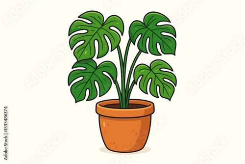 Cartoon Monstera Deliciosa plant in a pot vector illustration. Trendy houseplant, Swiss cheese plant with large green leaves. Isolated botanical icon for home decor, gardening.