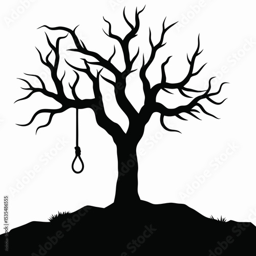 Silhouette of a bare tree with a noose hanging from a branch against a white background landscape view created with generated ai