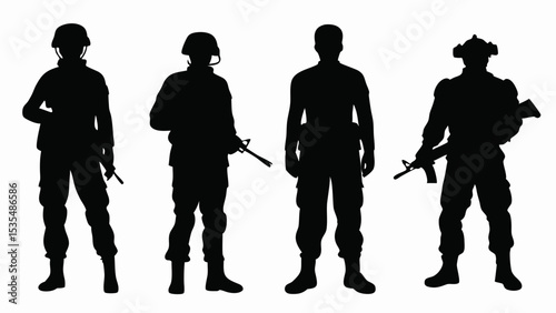 Silhouette of four soldiers with rifles standing in formation against a white background image vector created with generated ai