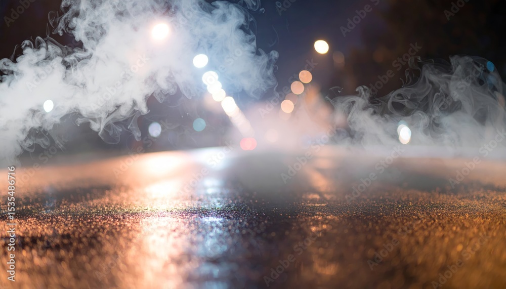 Fototapeta premium Wet asphalt, reflection of neon lights, smoke. Abstract light in a dark empty street