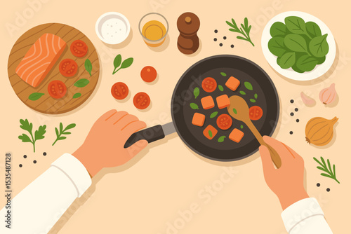 Cooking process top view. Chef hands preparing salmon with fresh tomatoes in a frying pan. Culinary scene with healthy ingredients. Food preparation and home cooking concept vector.