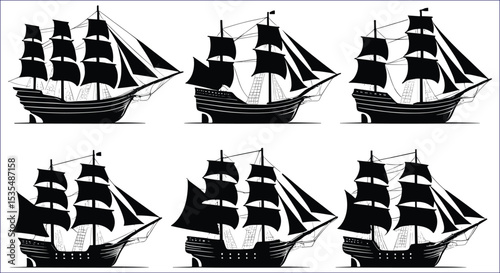Seamless Pattern Of Silhouette Old Sailing Ships Vector Black And White