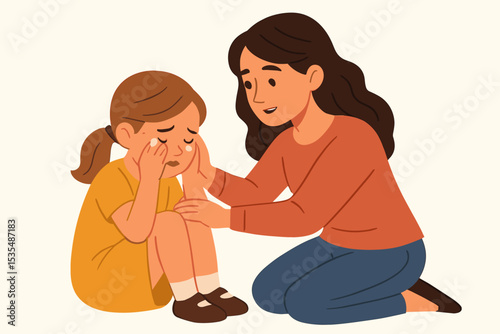 Mother comforting her sad crying daughter. Mom providing emotional support and care to an upset child. Concept of motherhood, family love, empathy, child psychology, and parenting.