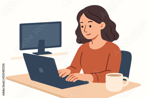 Freelancer woman working from home on laptop. Remote job concept. Business professional or student at desk with computer. Online education or digital nomad lifestyle. Vector illustration.