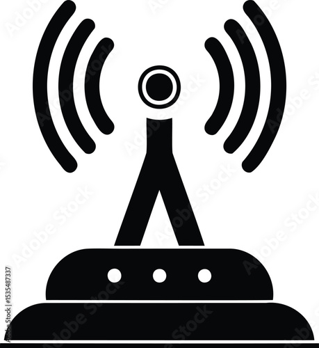 Black Silhouette of Radio Tower with Wireless Signal Waves – Vector Icon for Communication, Broadcast, Wi-Fi, Internet, or Antenna Concept