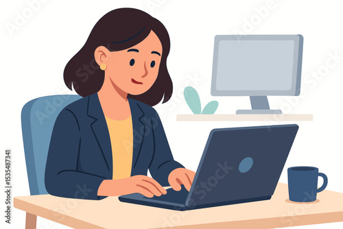 Businesswoman working on laptop at office desk. Female freelancer or employee typing on computer. Professional woman at her workplace. Concept of remote work, career, and job.