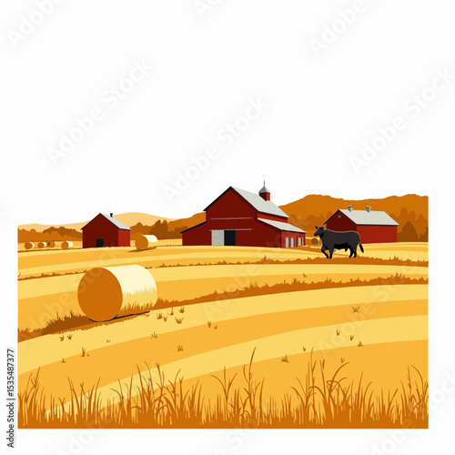 Red barns and cow in golden field under blue sky in autumn  