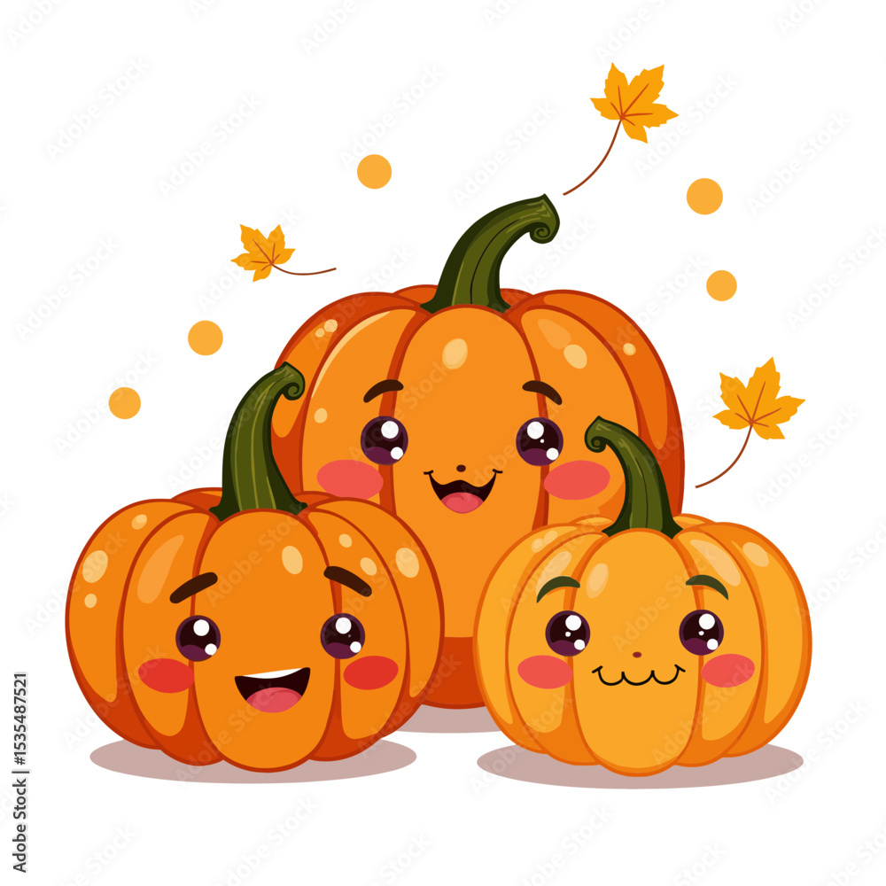 Obraz premium Cute cartoon pumpkins with smiling faces and autumn leaves 