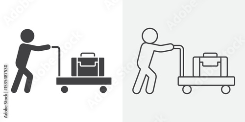 Bellboy with luggage cart icon Line graphics illustration