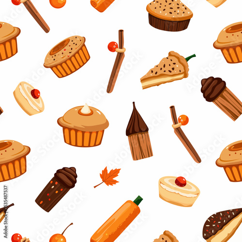 Colorful collection of sweet desserts and pastries in repeating pattern  