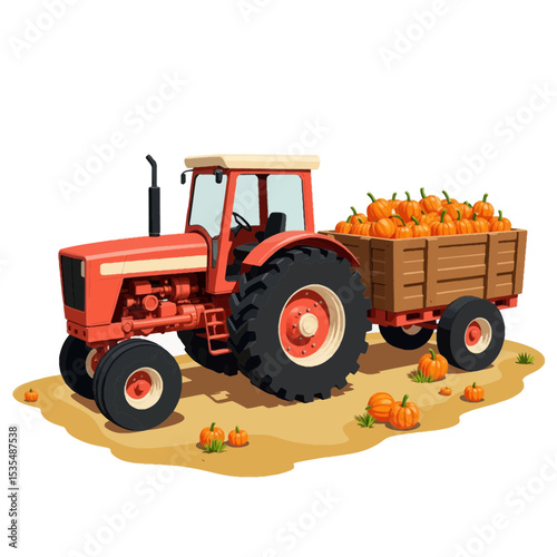 Red tractor transporting pumpkins on a farm during harvest season  