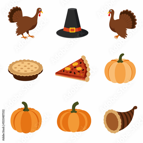 Thanksgiving icons featuring turkey, pie, pumpkins, and hat  