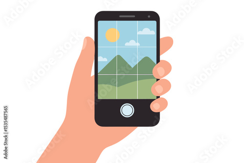 Hand holding smartphone taking a photo. Mobile photography concept. Phone camera screen showing mountain landscape. Travel, nature, tourism. Rule of thirds grid. Flat vector illustration.