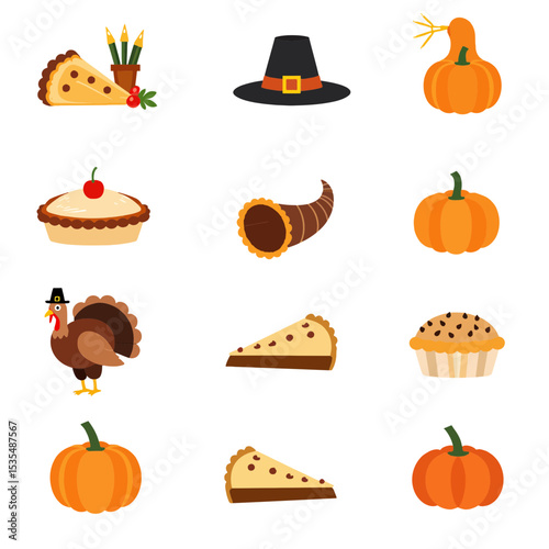 Thanksgiving-themed icons including pumpkin, pie, and turkey  