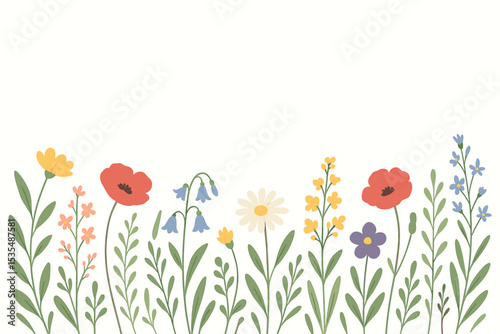 Wildflower border with spring flowers like poppy, daisy, and bluebell. Hand-drawn botanical vector illustration. Cute floral background for card, banner, or invitation design.