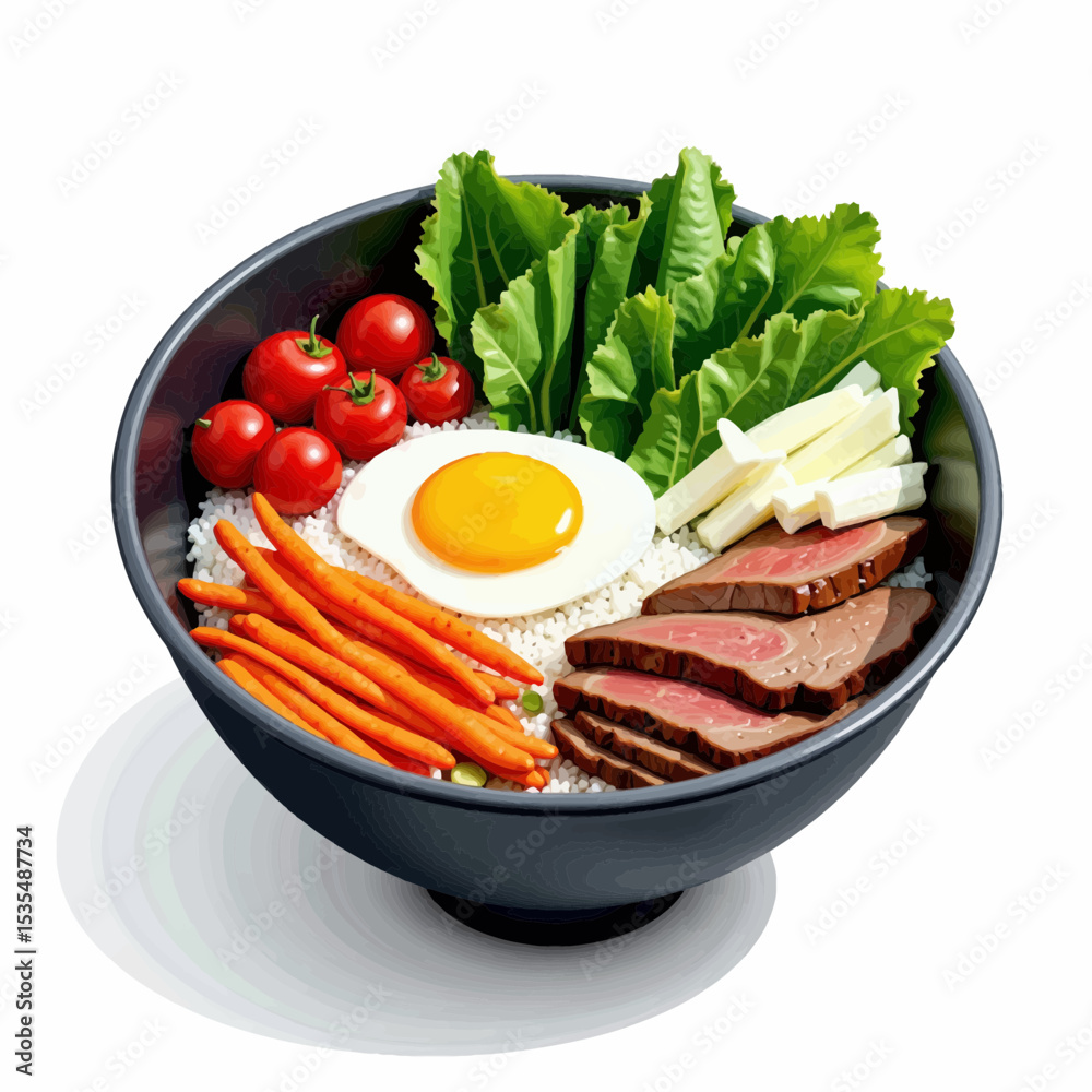 Colorful rice bowl with vegetables, beef, and egg in black dish  