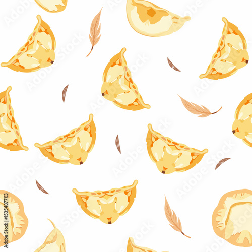 Pattern of colorful dumplings with soft feathers on a white background  