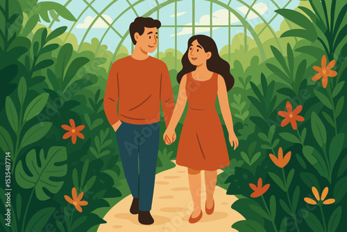 Happy couple in love walking and holding hands on a romantic date in a botanical garden. Young man and woman strolling through a greenhouse. Vector illustration of a loving relationship.