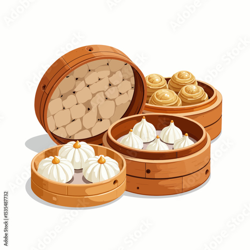 Delicious dim sum in bamboo steamers on a bright background  