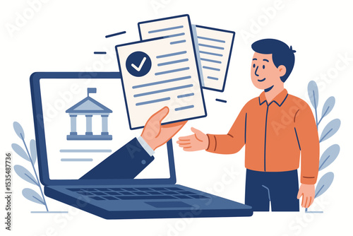 Digital government services concept. Citizen getting approved document from a laptop. E-government and online public administration for electronic paperwork and civic engagement vector.