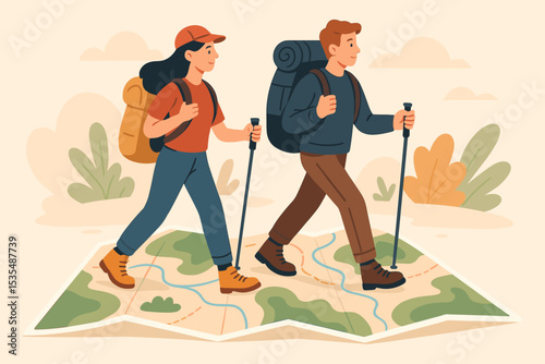 Couple hiking on a map, a metaphor for adventure, travel, and journey. Man and woman with backpacks and poles trekking. Concept for tourism, exploration, and navigation.
