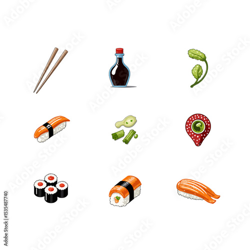 Sushi icons including rolls, wasabi, soy sauce, and chopsticks  