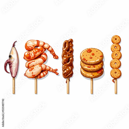 Various skewered food items including seafood and cookies  