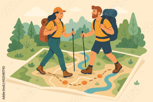 Hiking couple with backpacks and poles walk on a giant map. Vector illustration concept for travel, trekking, adventure and exploration. Metaphor for journey, route planning, discovery.