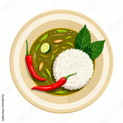 Green curry with rice, red chilies, and fresh herbs on a plate  
