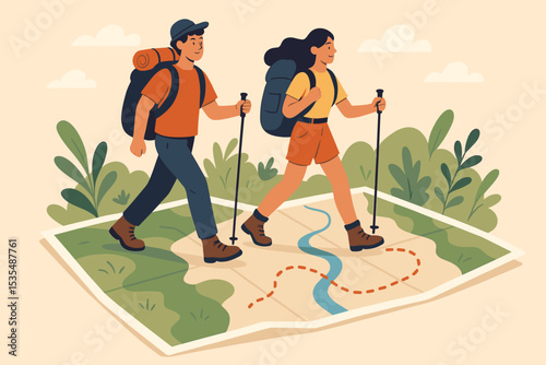 Couple hiking on a map. Concept of adventure, travel and exploration. Man and woman with backpacks and trekking poles following a route. Vector illustration for tourism.