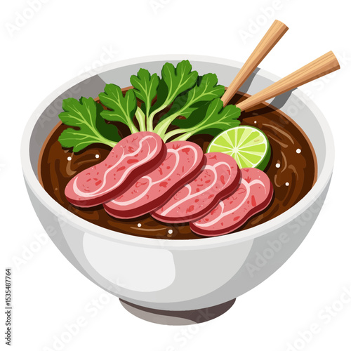 Asian noodle soup with beef slices, lime, and fresh herbs  