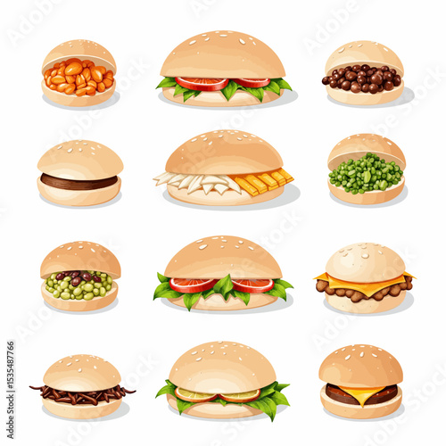 Various hamburger illustrations with different fillings and toppings  