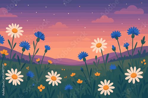 Vector illustration of a flower meadow with daisies and cornflowers at twilight. Calm nature landscape with a starry sky at sunset. Peaceful summer evening background scene.