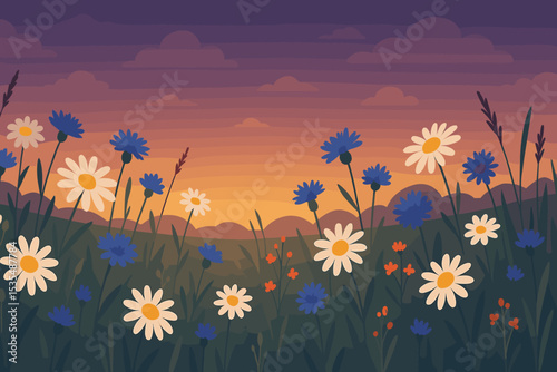 Serene wildflower meadow at sunset. Twilight landscape with blooming cornflowers and daisies. Beautiful nature background. Vector illustration for summer or spring. Floral banner.