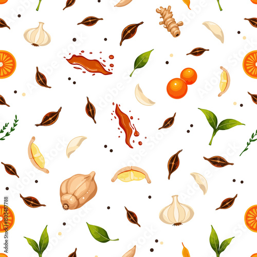 Colorful pattern of spices and herbs on a white background  