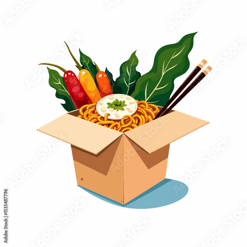 Takeout box with noodles, vegetables, and chopsticks on white background  