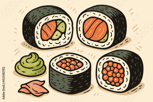 Sushi set illustration with maki rolls, salmon, avocado, roe, wasabi, and ginger. Japanese food concept for restaurant menu. Retro hand-drawn vector art style, asian cuisine.