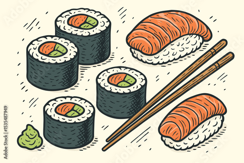 Sushi set vector illustration in hand-drawn vintage style. Japanese food collection with maki rolls, salmon nigiri, chopsticks, and wasabi. Asian cuisine sketch art for menu.