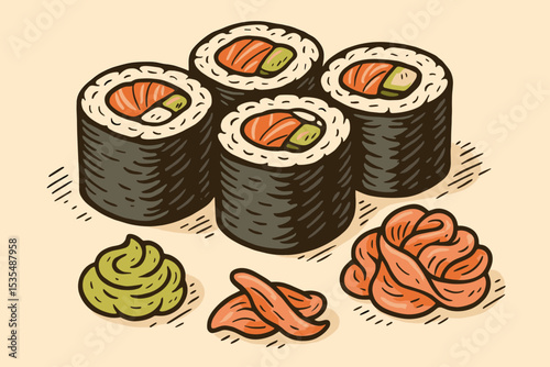 Sushi maki rolls with salmon, avocado, wasabi and pickled ginger. Japanese food illustration in a vintage retro style. Hand drawn seafood art for Asian restaurant menu design.